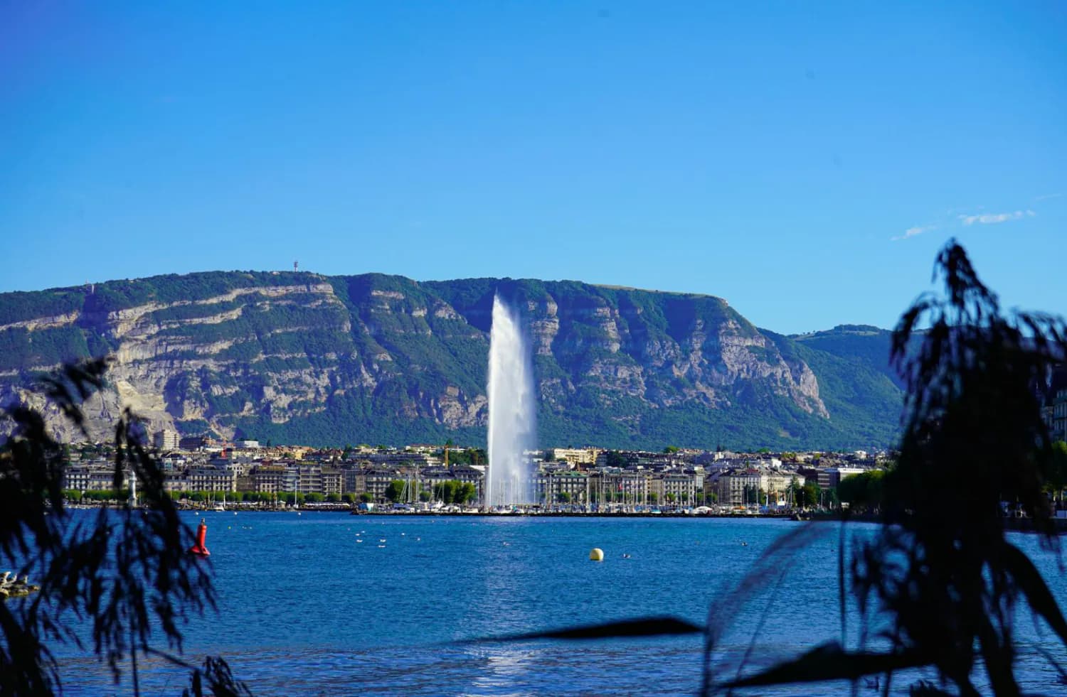 Le Jet d'eau de Genève et le Salève vus depuis le lac Léman