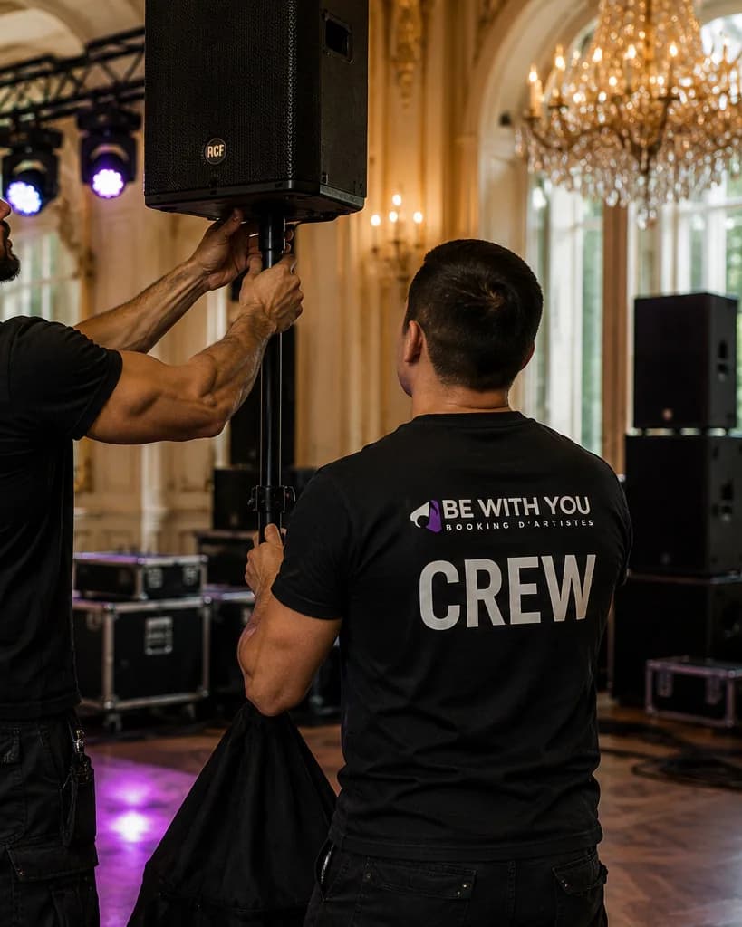 Technicien Be With You installant une enceinte sur pied dans une salle de bal