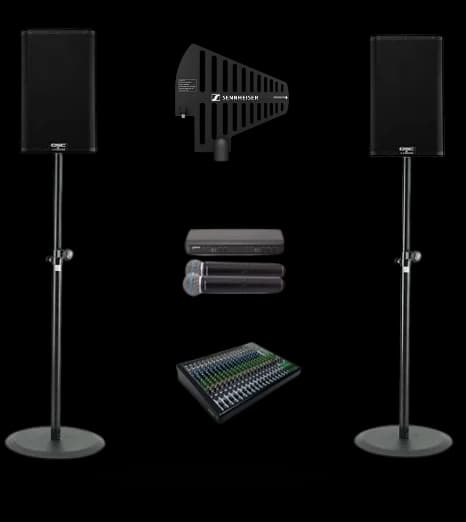 Kit cérémonie : deux enceintes sur pieds, console et micros HF