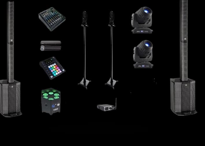 Kit dancefloor : sonorisation, lyres, totems lumineux et machine à fumée