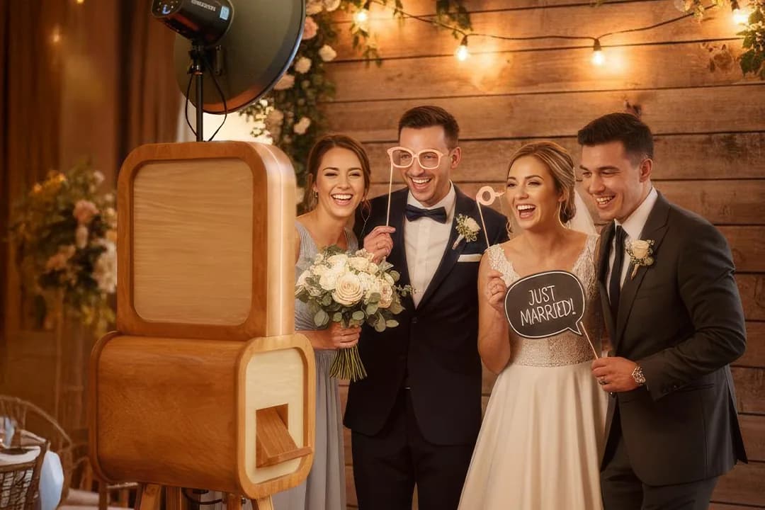Mariés et invités posant avec des accessoires devant un photo booth en bois pendant une soirée de mariage