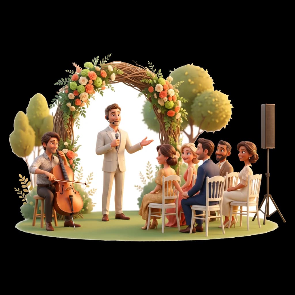 Cérémonie de mariage en extérieur avec un violoncelliste et une enceinte discrète