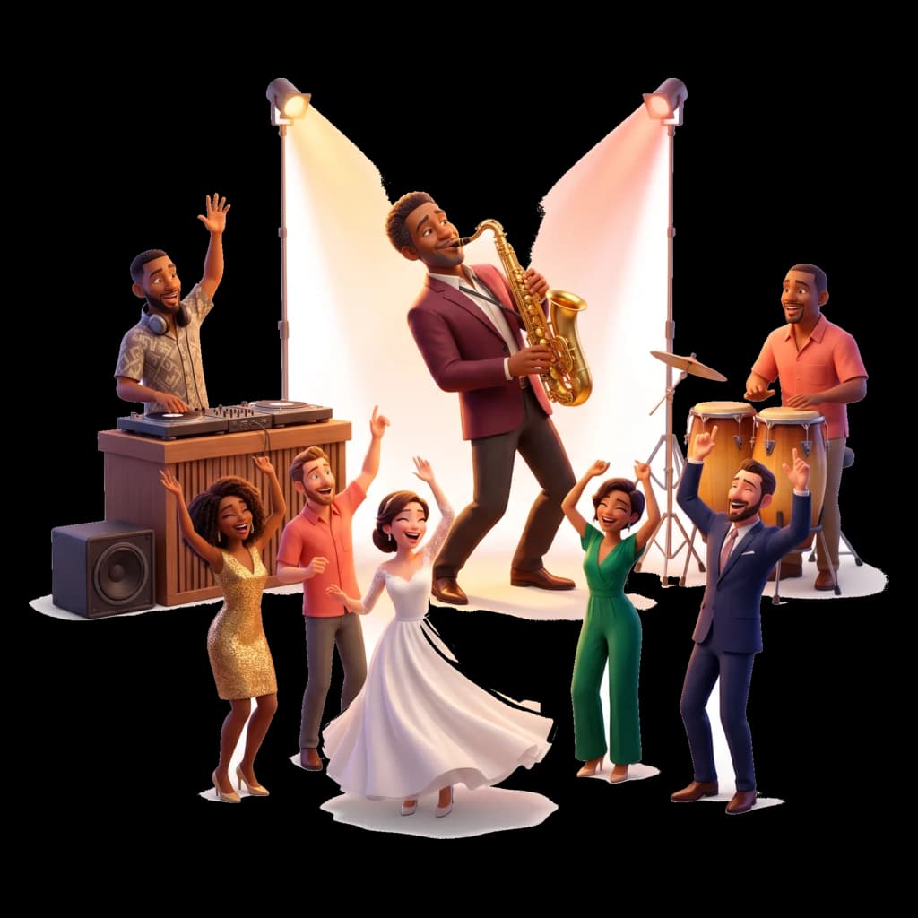 DJ, saxophoniste et percussionniste faisant danser les invités d'un mariage