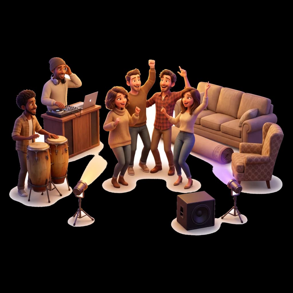 Salon transformé en piste de danse avec un DJ et un percussionniste