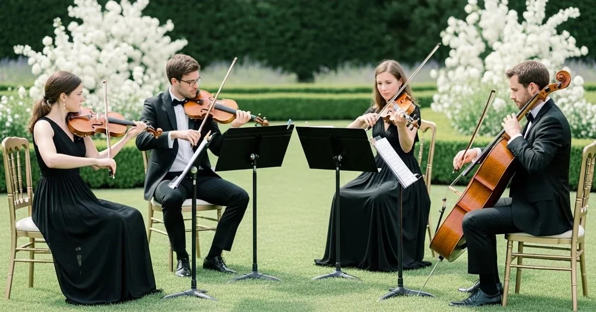 Quatuor à cordes en tenue de soirée jouant sur la pelouse d'un jardin